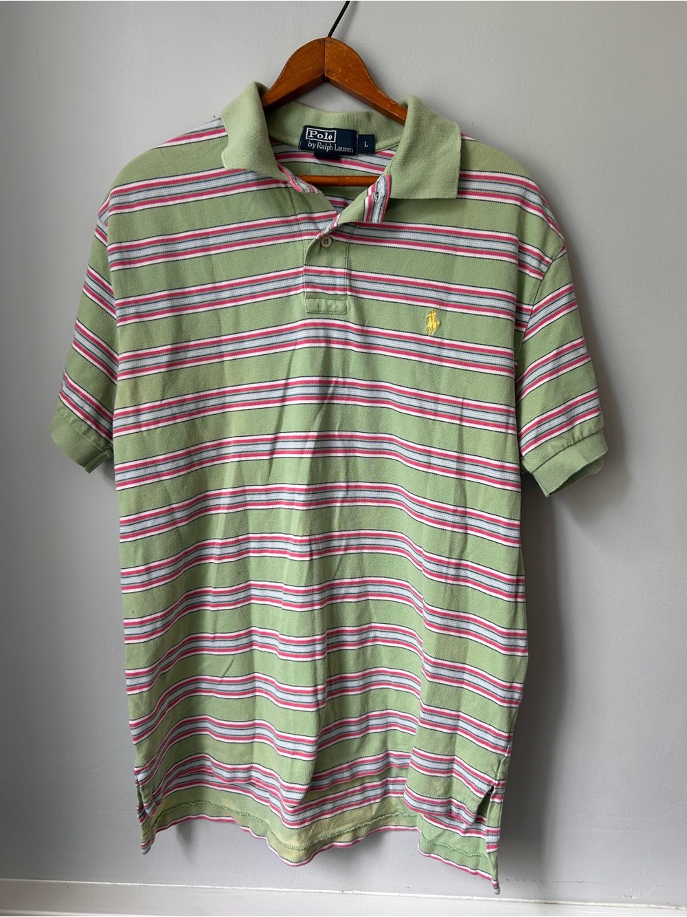 Polo by Ralph Lauren Men’s Polo Shirt Mint Green, Pink, White Striped Large